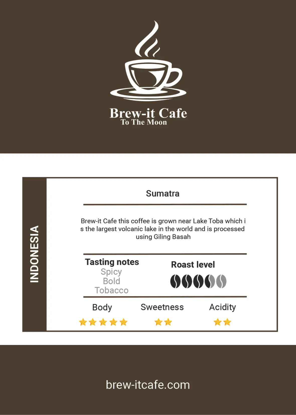 Granos de café molido para expresso del lago Toba de Indonesia - Origen único de Sumatra .250Gr